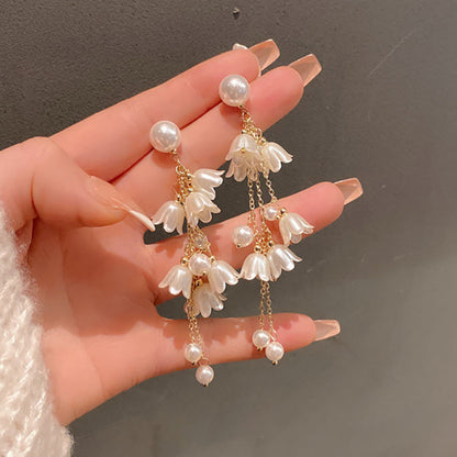 Style Imitation Pearl Lily Long Fringe Gentle Earrings