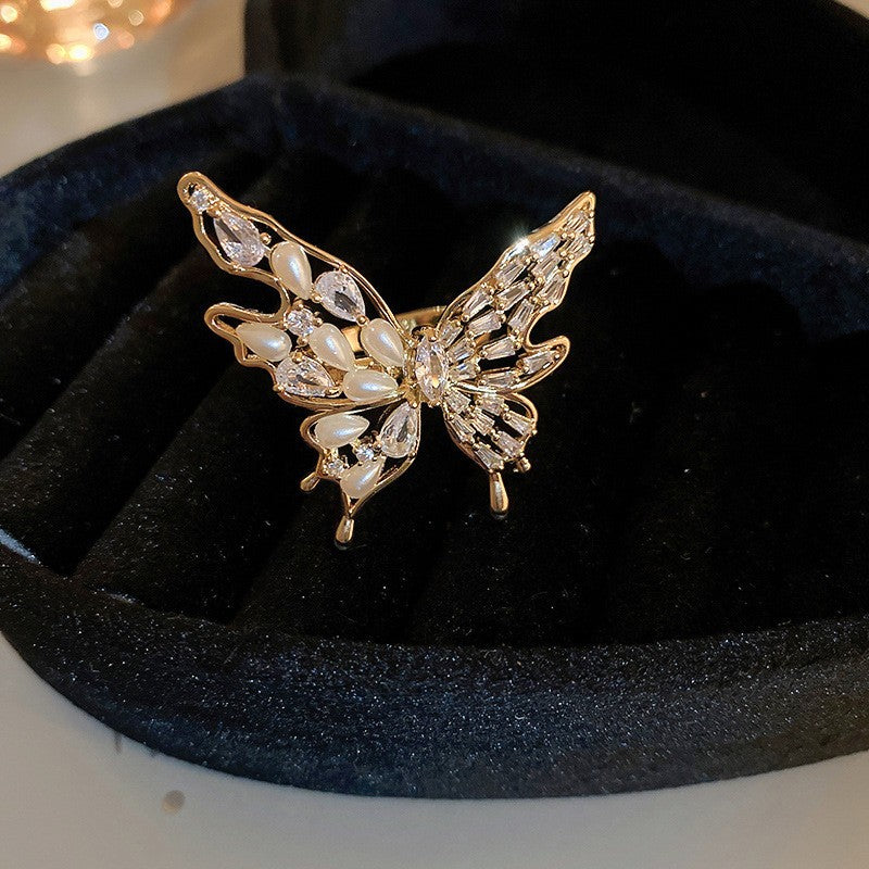 Electroplated Freshwater Pearl Zircon Stitching Butterfly Exquisite Rings