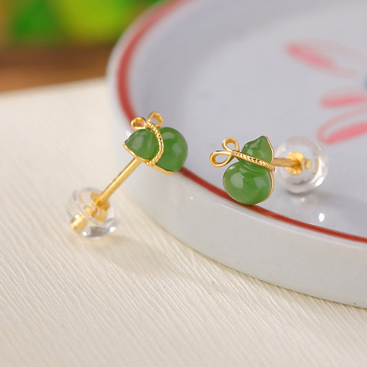 Plated Jade Green Blue Water Vintage Fu Lu Earrings