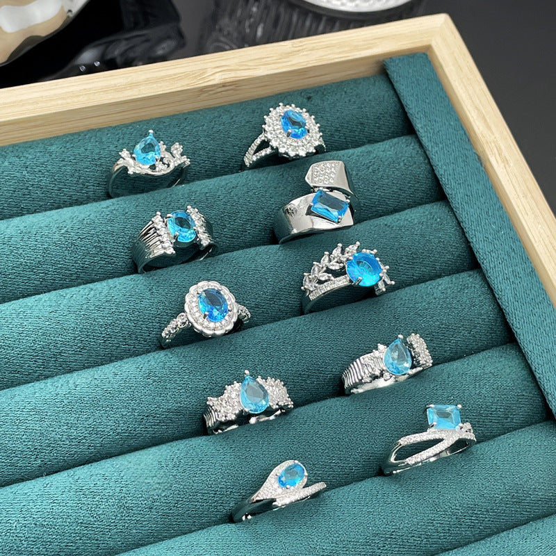 Aquamarine Zircon Light Luxury Graceful Personality Open Rings