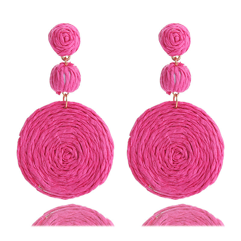 Bohemian Raffia Round Summer Beach Vacation Earrings