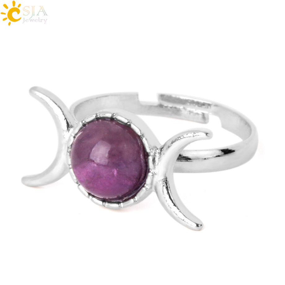 Women's Vintage Crescent Moon Sun Adjustable Sier Natural Stone Rings