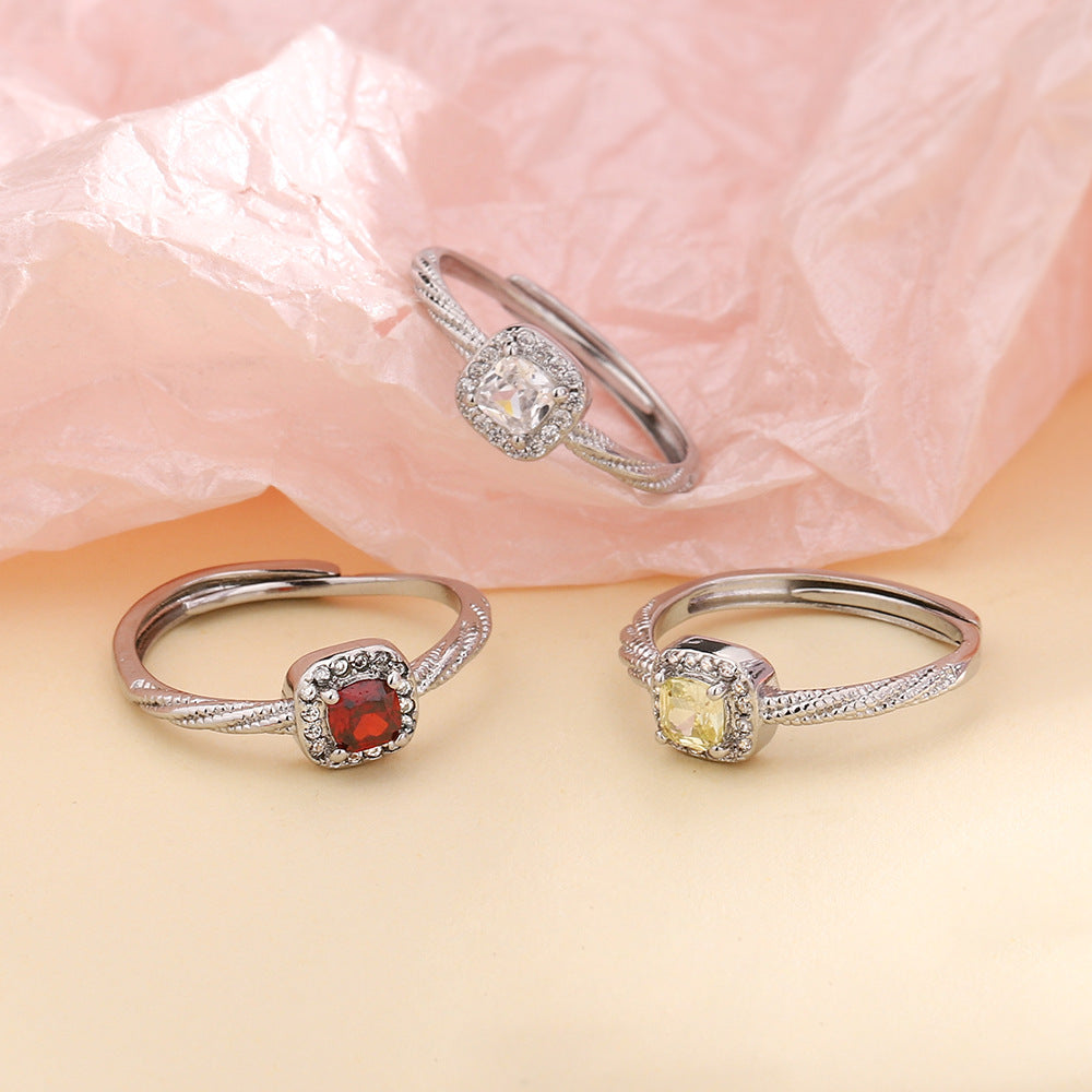 Women's Combination Twin Square Red Zircon Twist Gold Rings