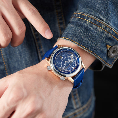 Men's Automatic Leather Rotating Starry Rose Gold Mechanical Watches