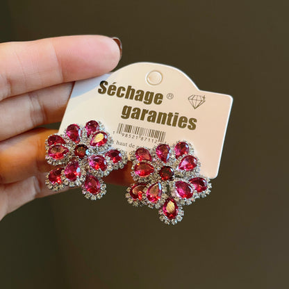 Light Luxury High-grade Rose Red Crystal Flower Earrings