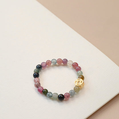 Tourmaline Sterling Sier Chinese Style Strawberry Quartz Charm Elastic Rings