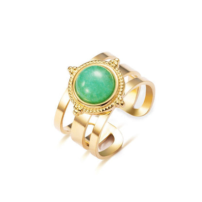 Women's Gold Titanium Steel Inlaid Green Natural Rings