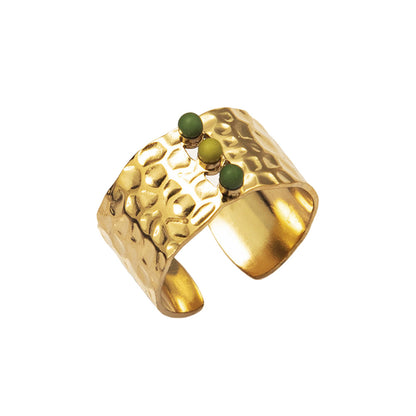 Women's Gold Titanium Steel Inlaid Green Natural Rings