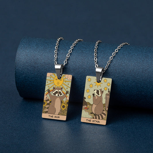 Retro Color Printing Raccoon Stainless Steel Pendants