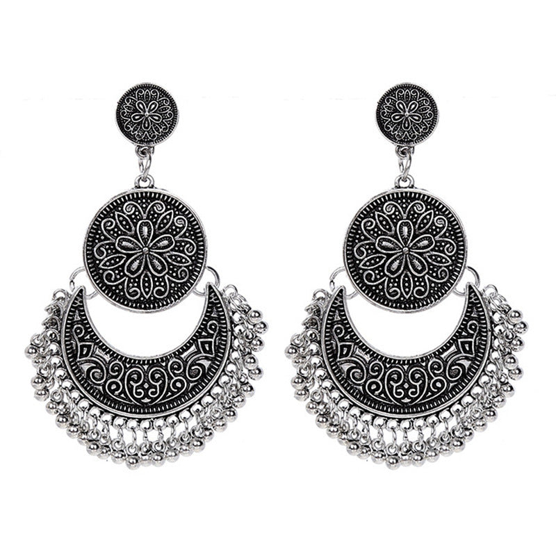 Women's Ethnic Style Retro Sier Tassel Crescent Earrings
