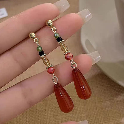 Women's Retro Red Water Drop Long Tassel High-grade Earrings