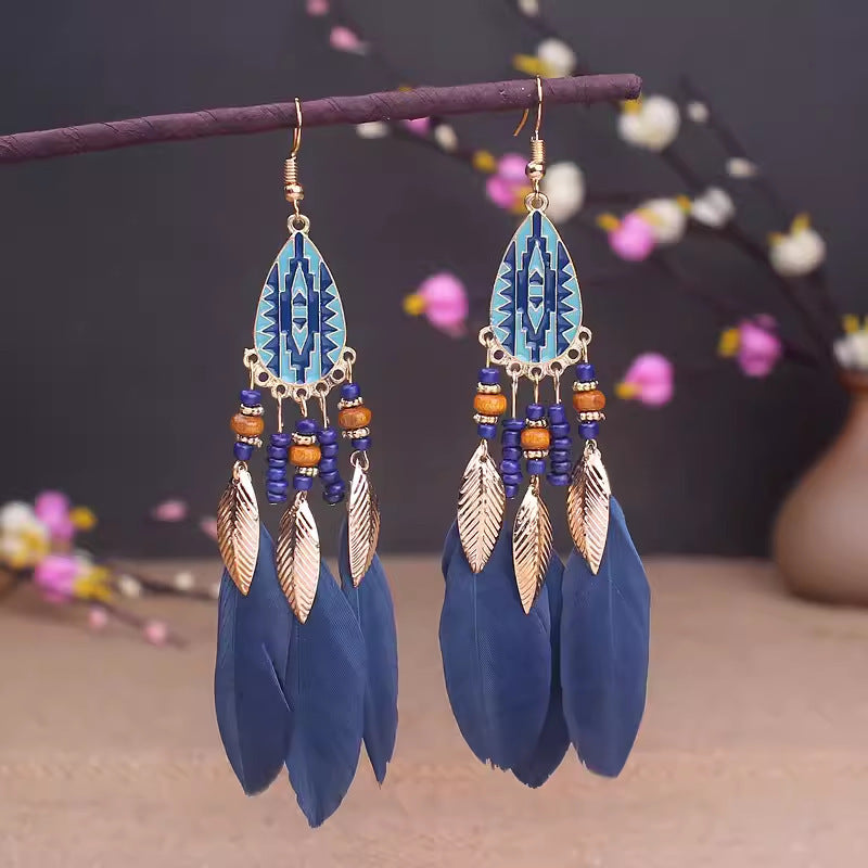 Ethnic Style Long Feather Temperamental Tassels Personality Earrings