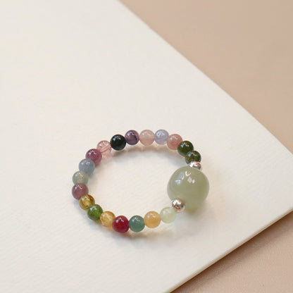 Tourmaline Sterling Sier Chinese Style Strawberry Quartz Charm Elastic Rings