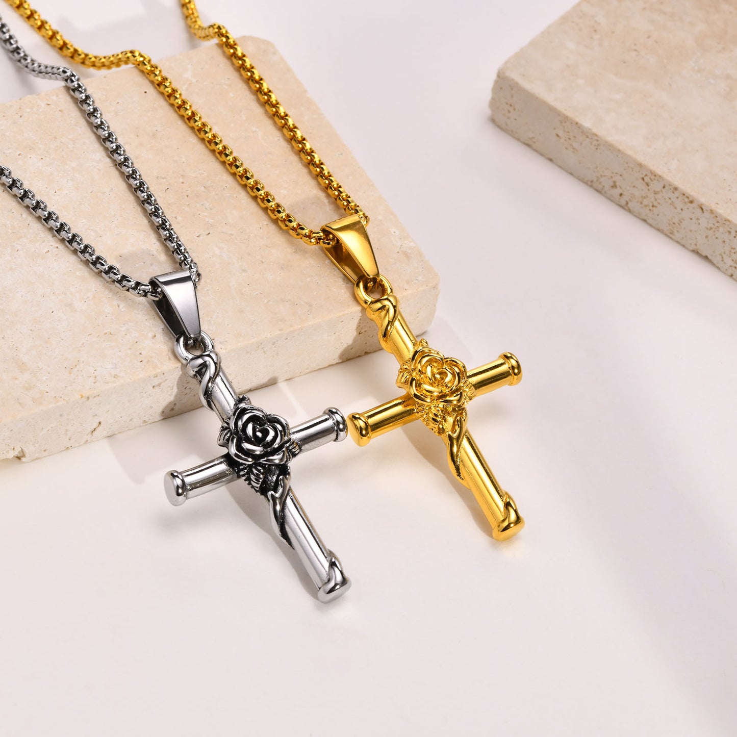 Men's Titanium Steel Stainless Rose Cross Gold Hip Necklaces