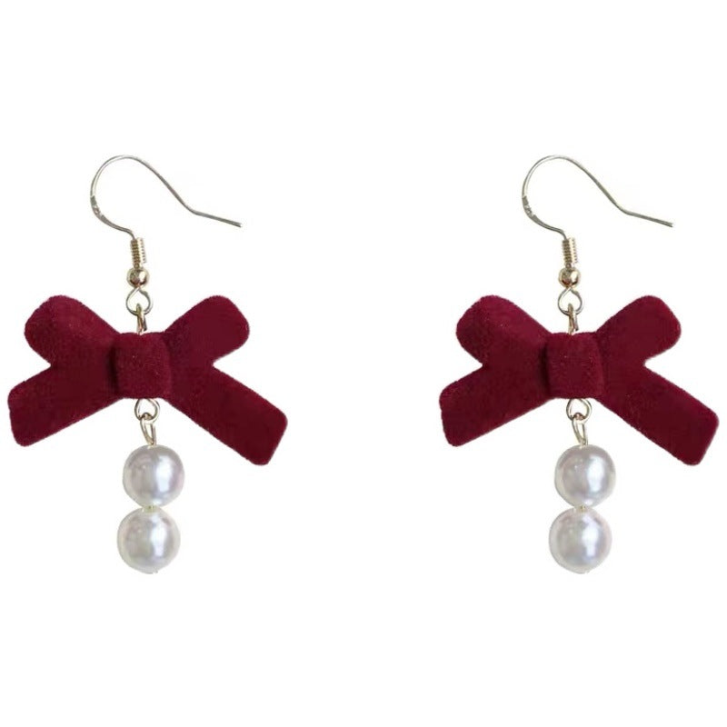 Women's Burgundy Veet Bow Red Girly Heart Earrings