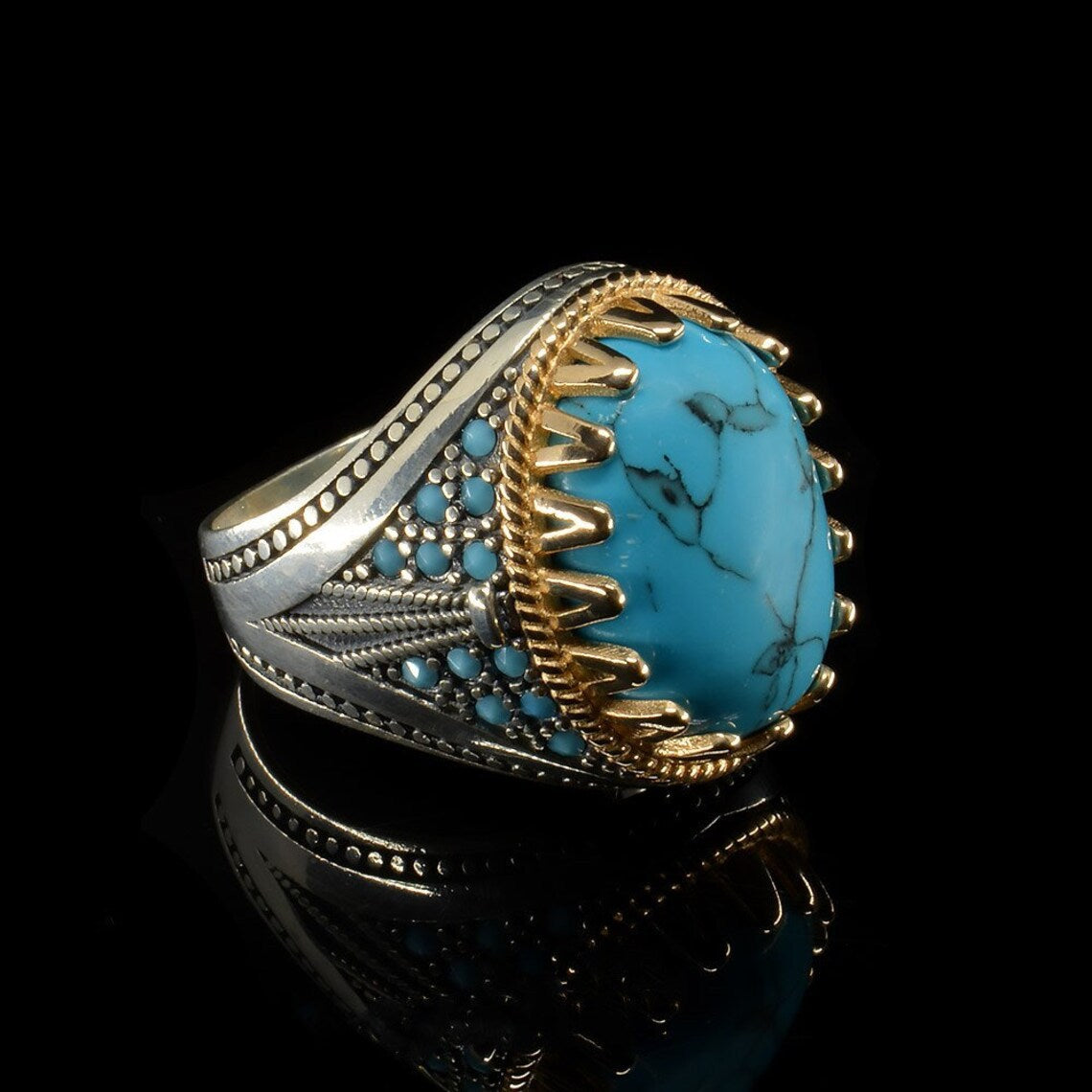 Men's Retro Electroplated Two-color Inlaid Imitation Turquoise Rings