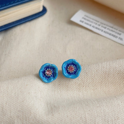 High-grade Sense Blue Color Enamel Design Blooming Earrings