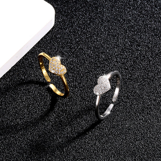 Women's Heart-shaped Sterling Sier Sweet Rhinestone Heart Rings