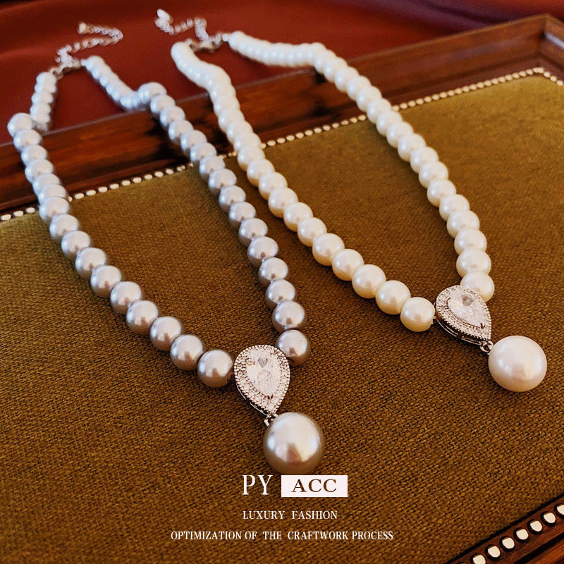 Pearl Zircon Water Drops French Retro Simple Necklaces