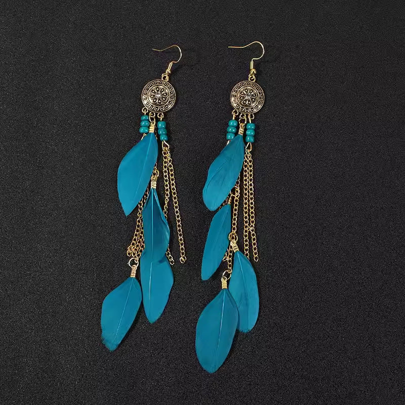 Ethnic Style Long Feather Temperamental Tassels Personality Earrings