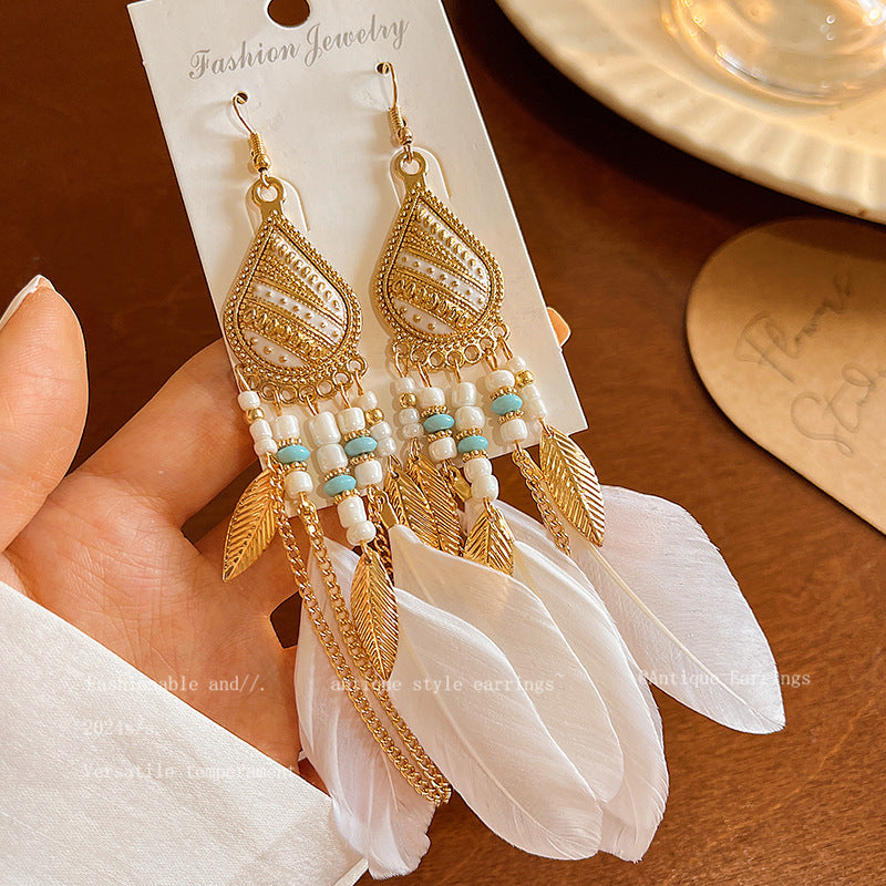 Women's Bohemian Style Long Feather Tassel Ethnic Earrings