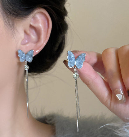 Fairy Blue Tassel Butterfly High Sense Earrings