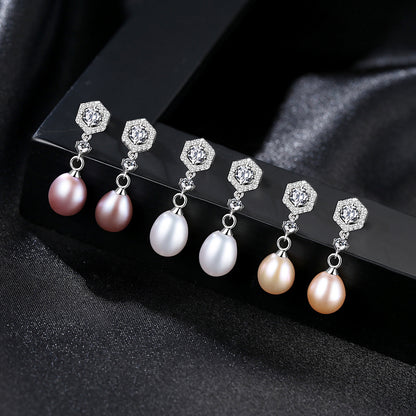 Sier Female Freshwater Pearl Inlaid Zircon Earrings