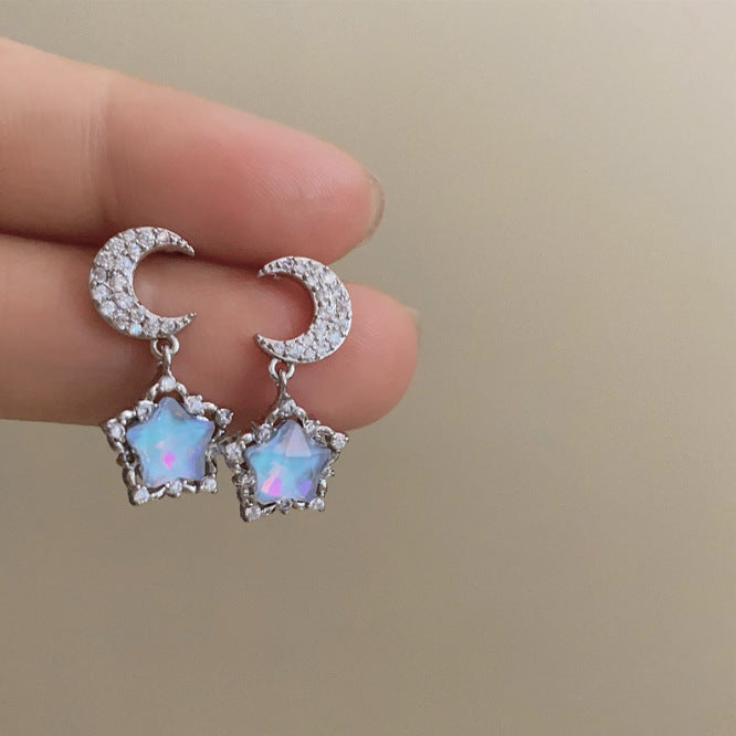 Blue Zircon Star Moon Light Luxury High-grade Earrings