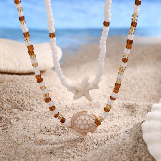 Women's Bead Starfish Bohemian Beach Turtle Double Necklaces