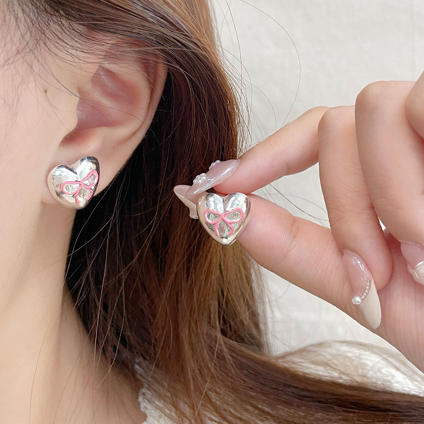 Women's Sweet Pink Bow Love Heart Sier Earrings