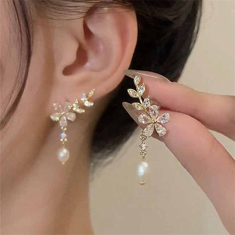 Zircon Tassel Leaves Stylish Water Drop Earrings