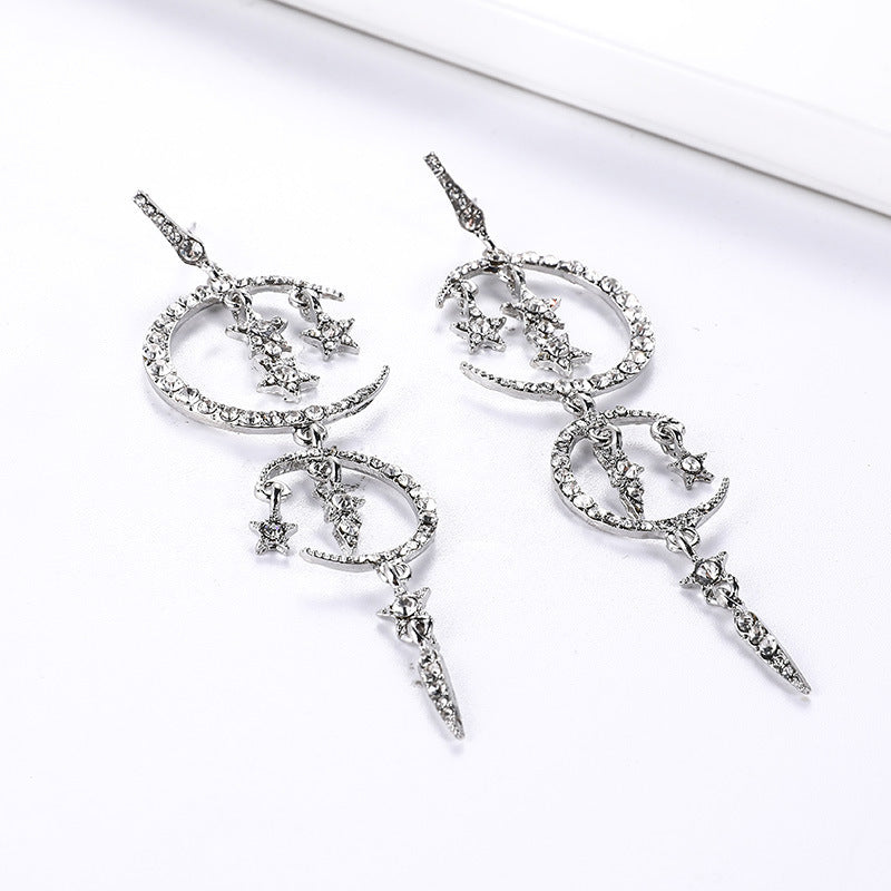 Popular Romantic Rhinestone Star Moon Ear Earrings