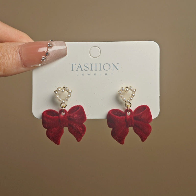 Women's Festive Red Veet Bow Fashion Elegant Earrings