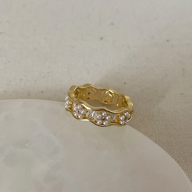 Luxury Pearl Zircon Golden Open-end Collection Female Rings