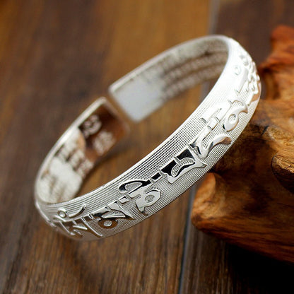 Women's & Men's Carved Sanskrit Proverb Buddha Heart Sutra Sier Plated Bracelets