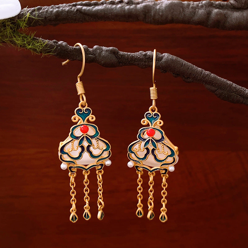 Women's Flower Gourd Pearl Tassel Niche Retro Ear Hook Light Earrings