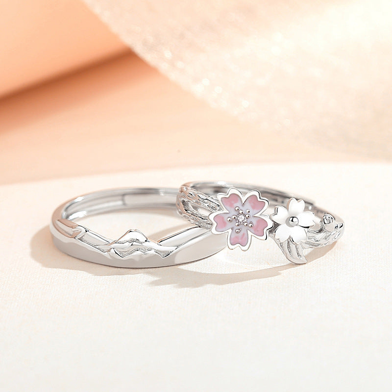 Cherry Blossom Couple Pair Mori Style Design Epoxy Fashion Rings