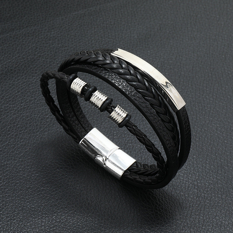 Men's Popular Authentic Leather Weave Alloy Magnetic Bracelets