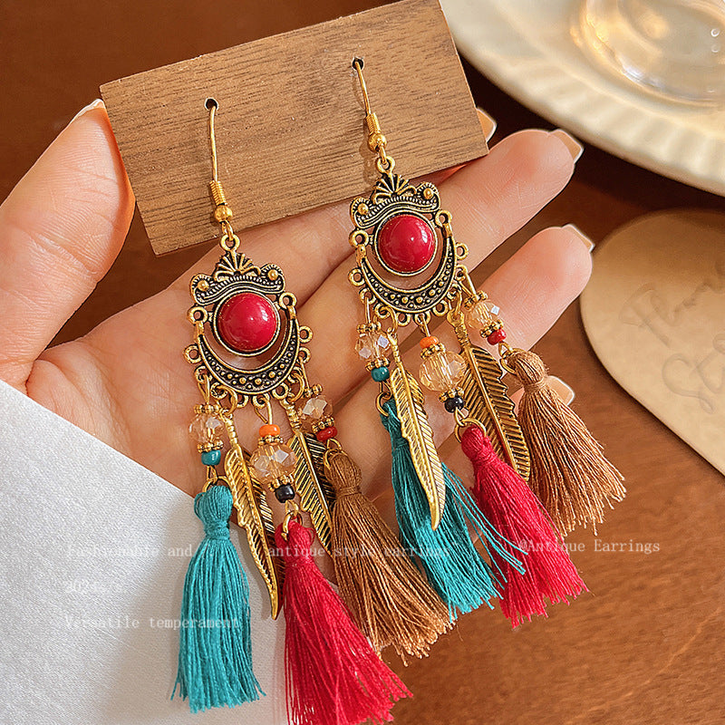 Women's Bohemian Style Long Feather Tassel Ethnic Earrings