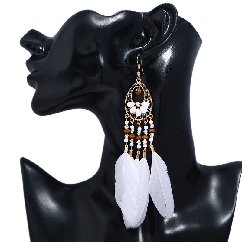 Ethnic Style Long Feather Temperamental Tassels Personality Earrings