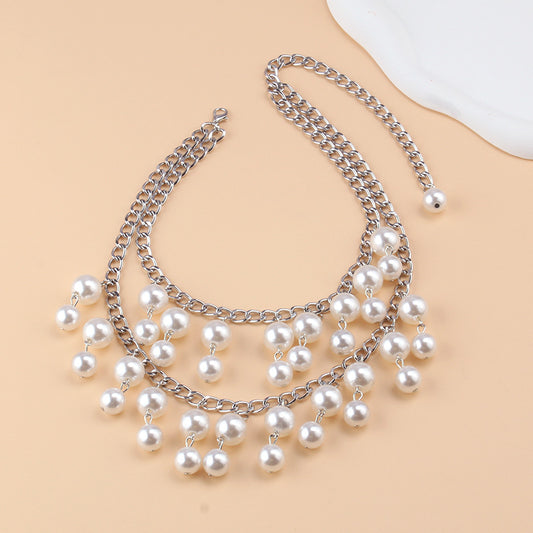 Layer Large Imitation Pearl Tassel Short Necklaces