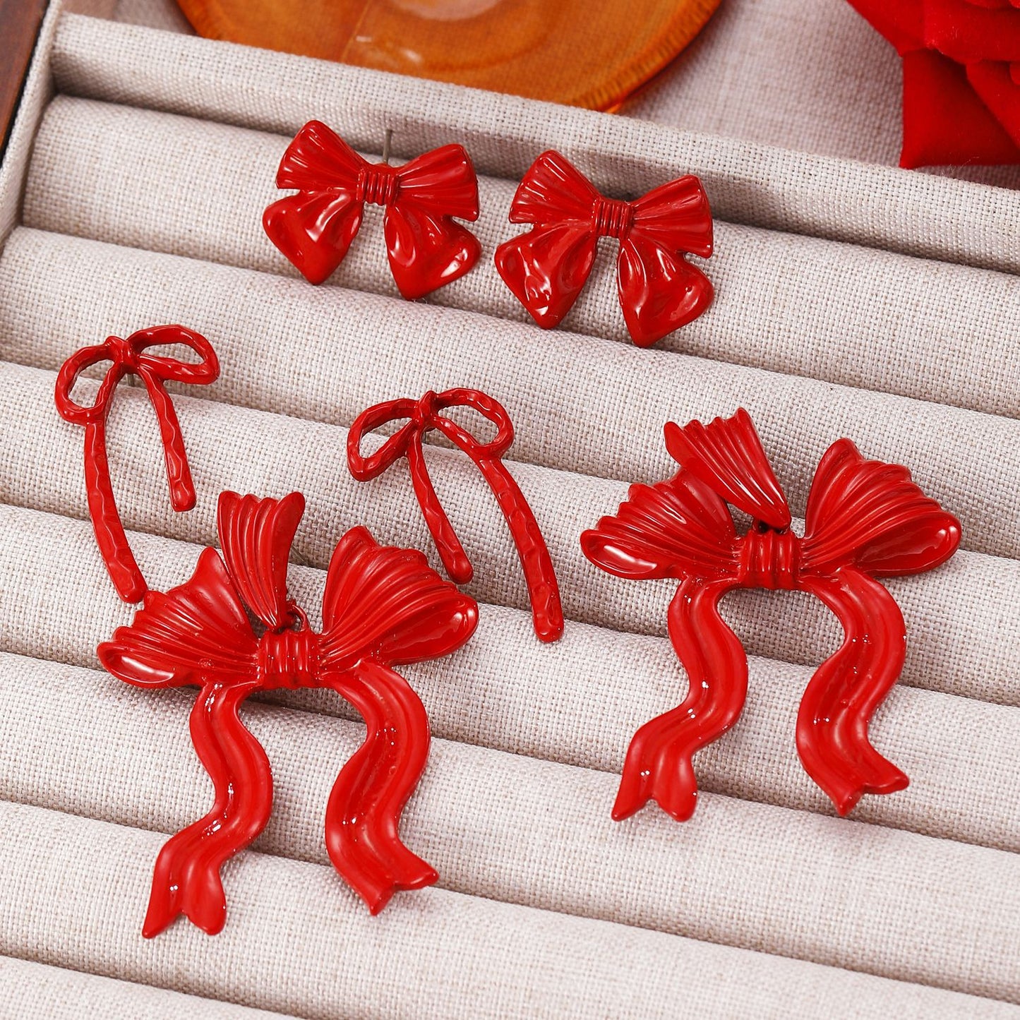 Women's Temperament Style Red Bow High-grade Design Earrings