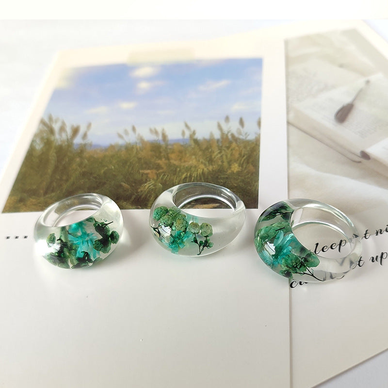 Fashion Transparent Epoxy Flower Durable Leaves Rings