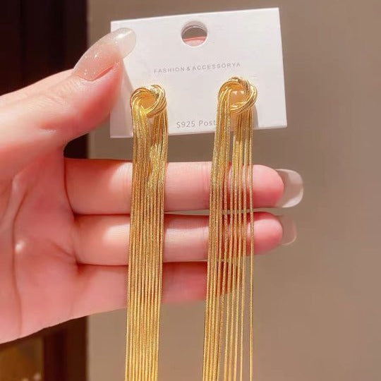 Sier Needle Metal Tassel Female Exaggerated Earrings