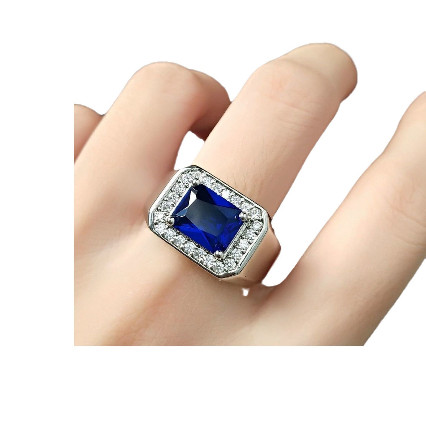 Domineering Square Sapphire Blue Corundum Diamond Full Open Rings