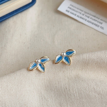 High-grade Sense Blue Color Enamel Design Blooming Earrings