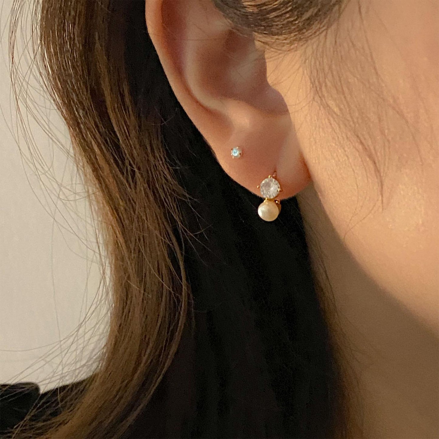 Korean Style Sterling Sier Zircon Pearl Ear Earrings