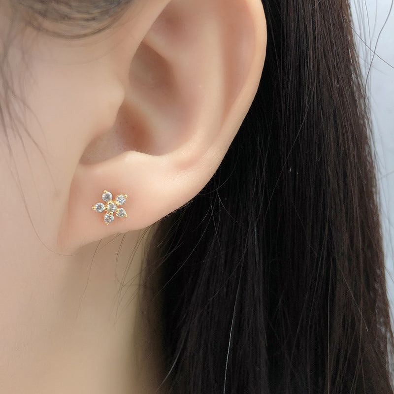 Women's Simple Fresh Flower Screw Sier Diamond Gold Earrings