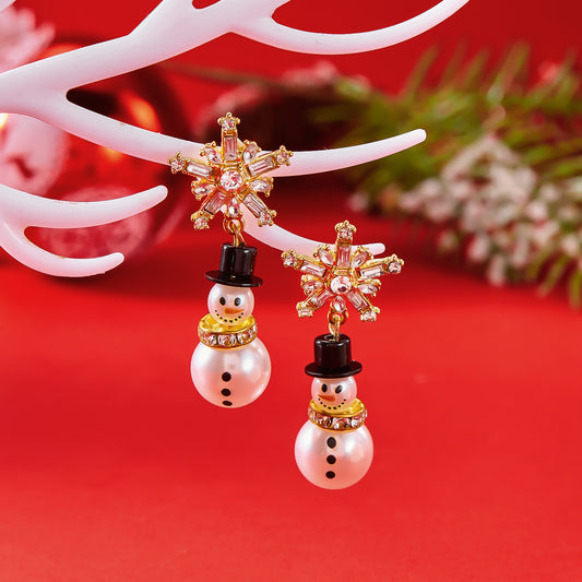 Snowman Christmas Elegant Stitching Pearl Snowflake Earrings