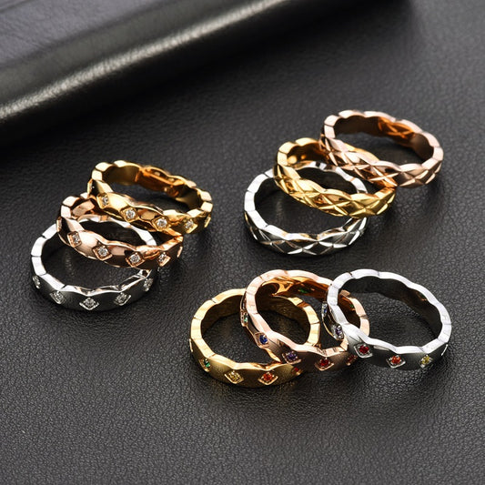 Korean Style Titanium Steel Couple Diamond Lattice Rings